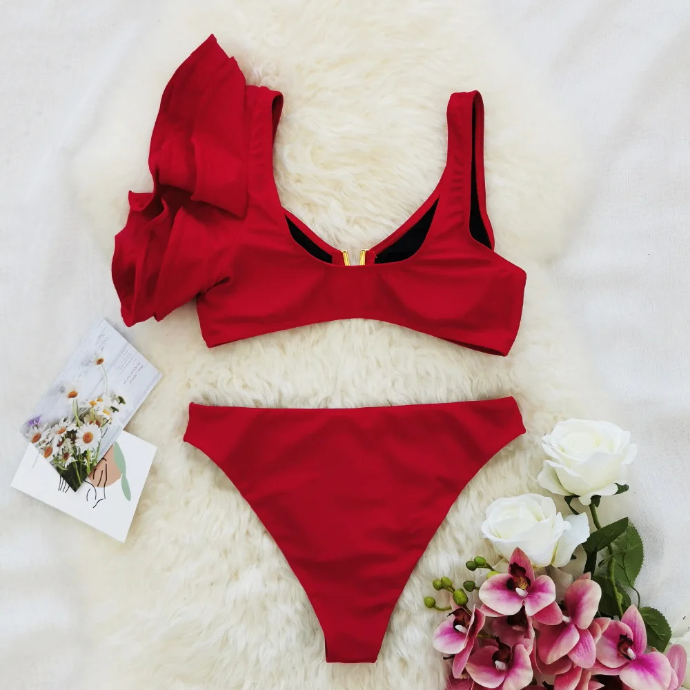 Sexy Bikini Set Women High Waist Classic Off Solid Ruffle Sleeves Swimwear Red Separate Deep V Swimsuit Vintage Beach Set 240510