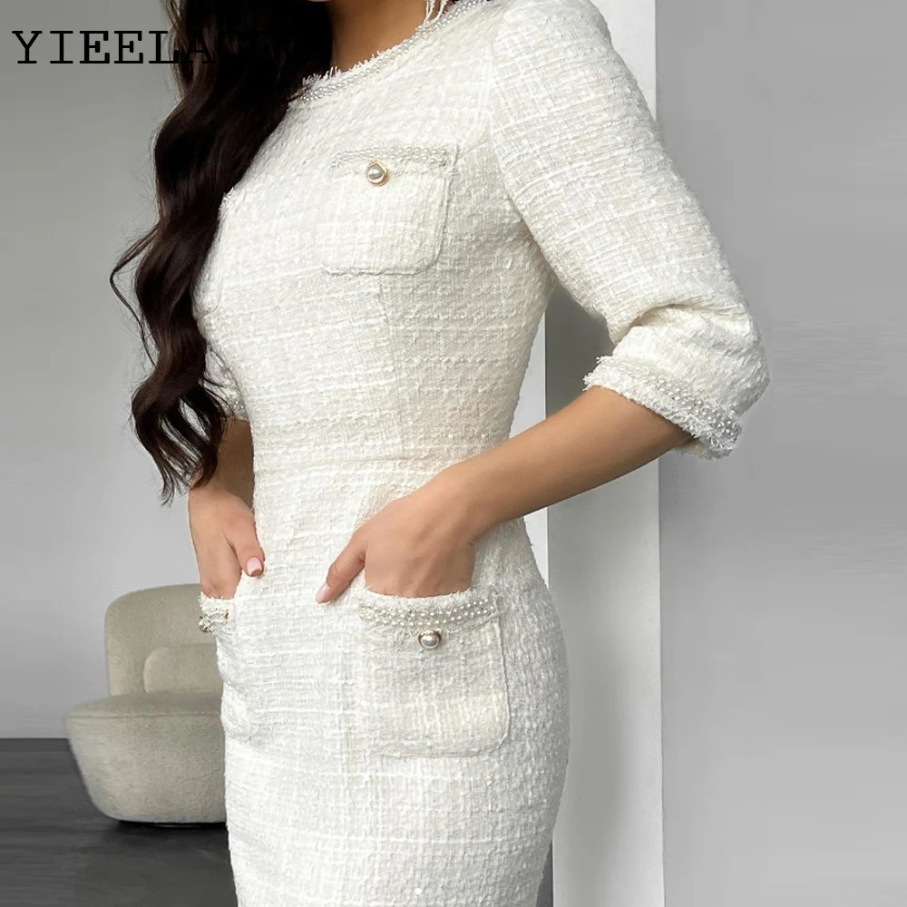 tweed dress Beading spring / autumn womens dress tassel ladies slim bottoming dress one-piece 240529