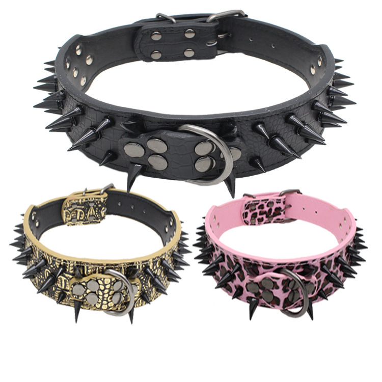 Leather Dog Collar with Skulls and Rivets Anti Bite Spiked Design Black Various Sizes Ideal for Medium to Large Dogs