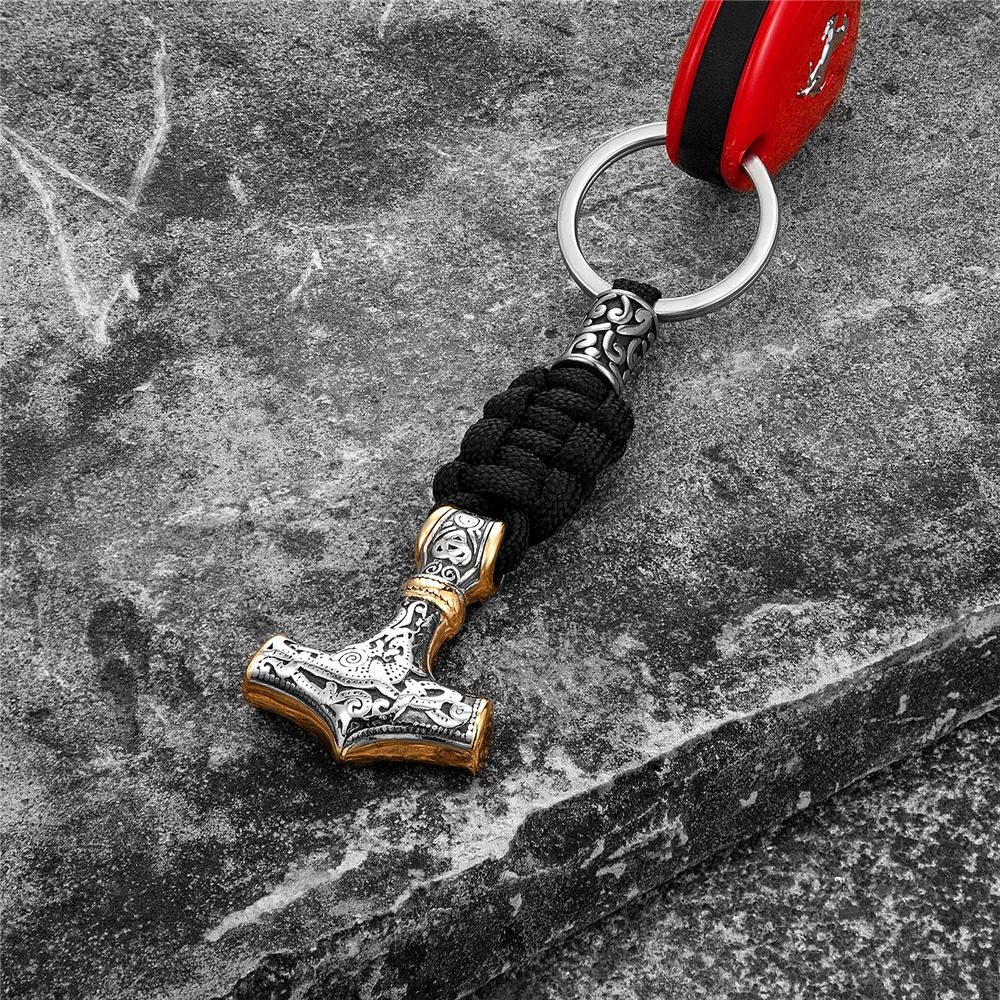Vikings Thors Hammer Survival Rope Keychain Mens Stainless Steel Anchor Knife Pendant Paracord Keyring Handmade Norse Jewelry 240510