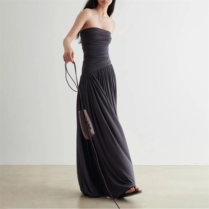 2024 spring womens pureCotton elastic slim tube top dress y2k fashion curved pleated simple and versatile A-line long skirt 240530