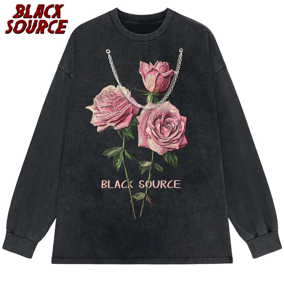 Hip Hop Men Streetwear T-Shirt Retro Vintage Washed Anime Graphic T Shirt Men Harajuku Cotton Casual Short Sleeve rose Tshirt 240601