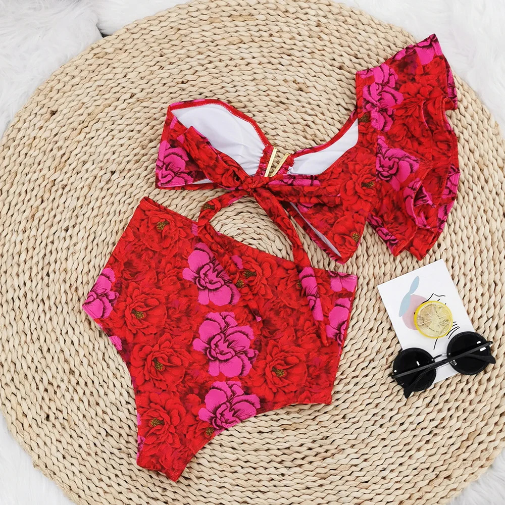 Sexy Bikini Set Women High Waist Classic Off Solid Ruffle Sleeves Swimwear Red Separate Deep V Swimsuit Vintage Beach Set 240510