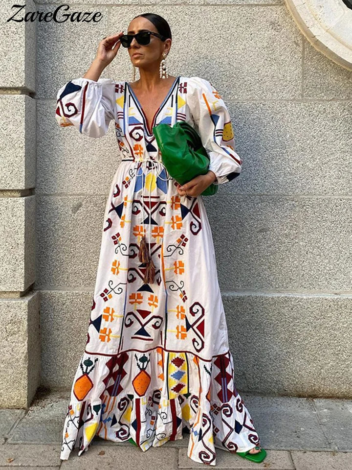 Printed V-Neck Lantern Sleeve Womens Long Dress Loose Lace Up Tassels Pleated Dresses 2024 Spring Summer Vacation Ladies Robe 240530