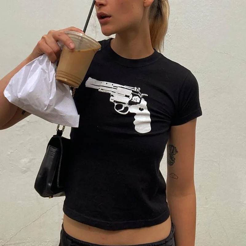 2000s Gothic Grunge Print T-shirt Womens Summer Skinny Crop Tops Black Funny Short Sleeve Kpop Harajuku Street Tees Y2k Clothes 240510