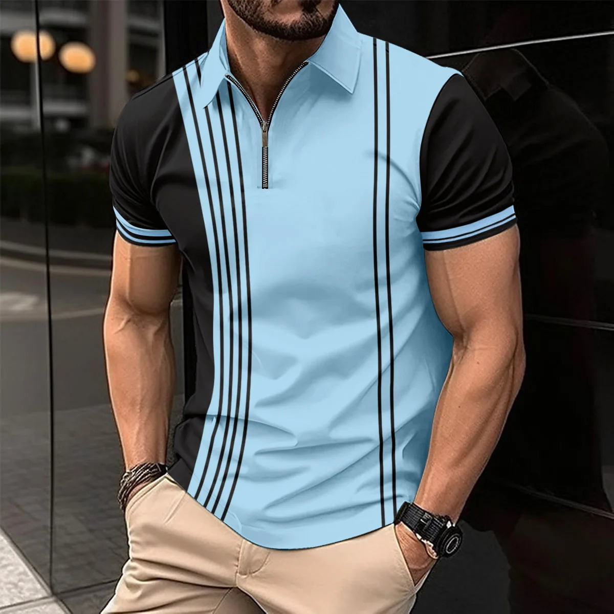 Summer Mens Explosive Striped Top Slim Breathable Zipper Lapel Clothing Sports Leisure Golf Polo Shirt 240601