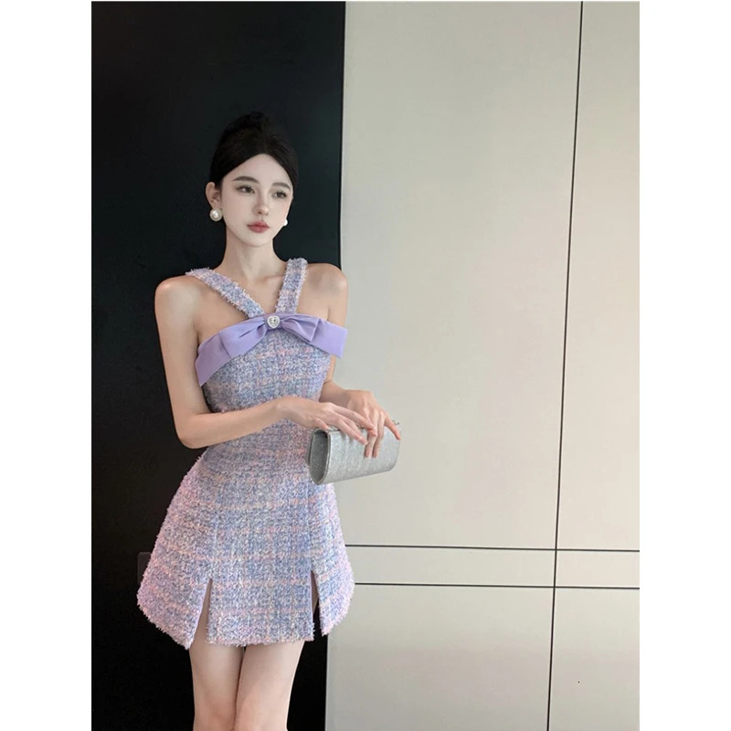 Womens high quality purple bow patched spaghetti strap tweed woolen a-line short dress SML 240529