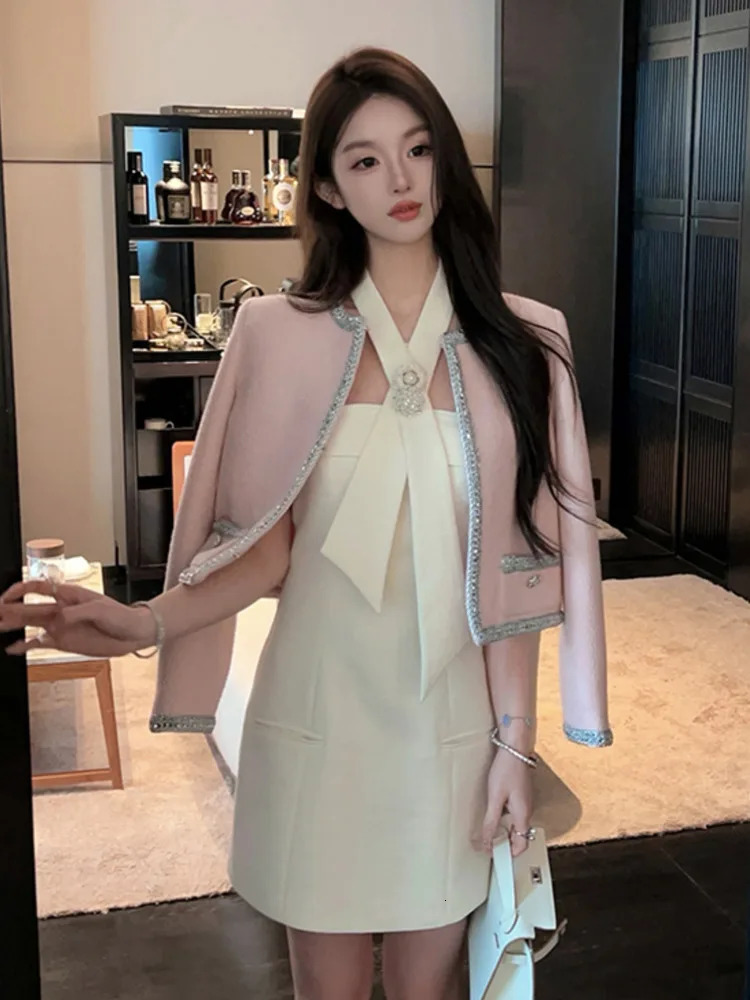 Korean Sweet Small Fragrance Tweed Dresses For Women French Fashion 3D Flower Summer Dress sweet Sexy Tank Party Dress 240529