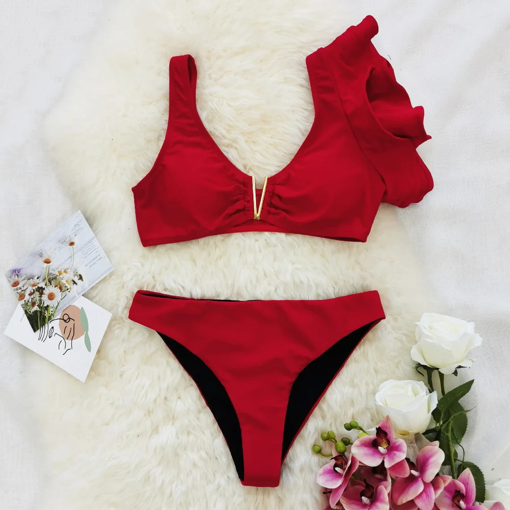 Sexy Bikini Set Women High Waist Classic Off Solid Ruffle Sleeves Swimwear Red Separate Deep V Swimsuit Vintage Beach Set 240510