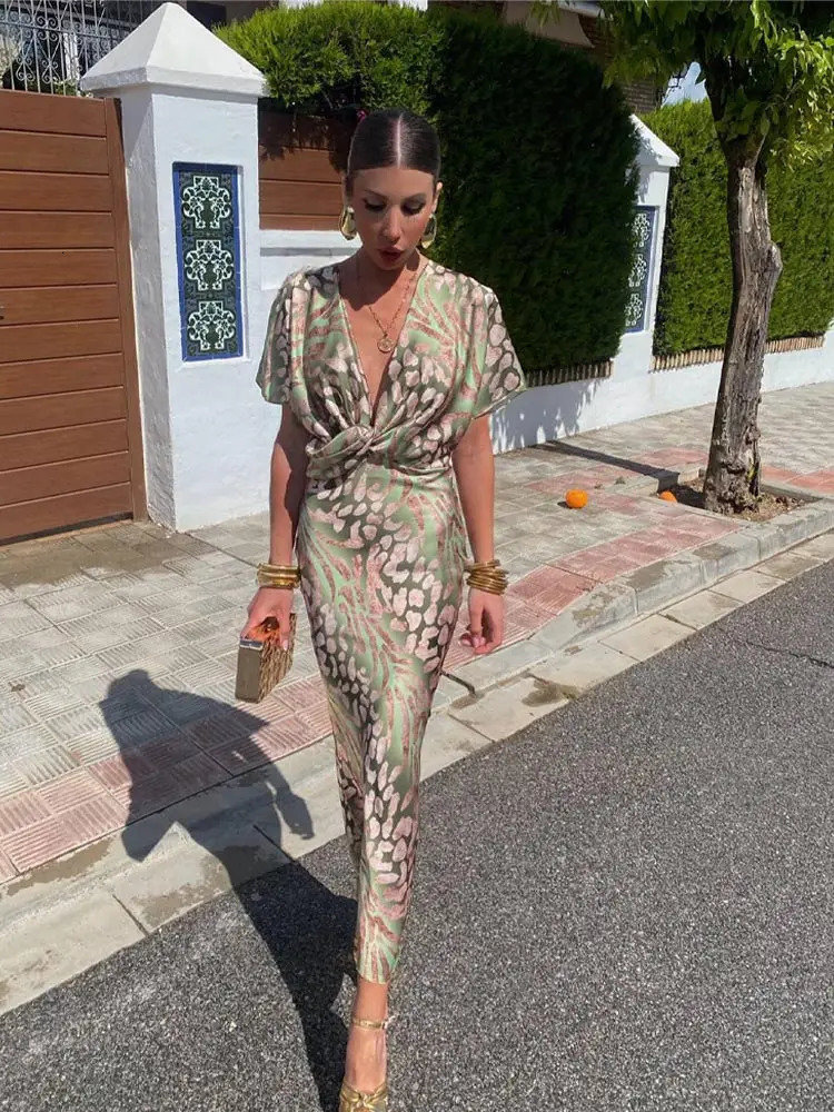 Vintage Printed Twisted Knotted Midi Dress For Women Fashion V Neck Pagoda Sleeve Bodycon Dresses Summer Lady Commute Robes 240601