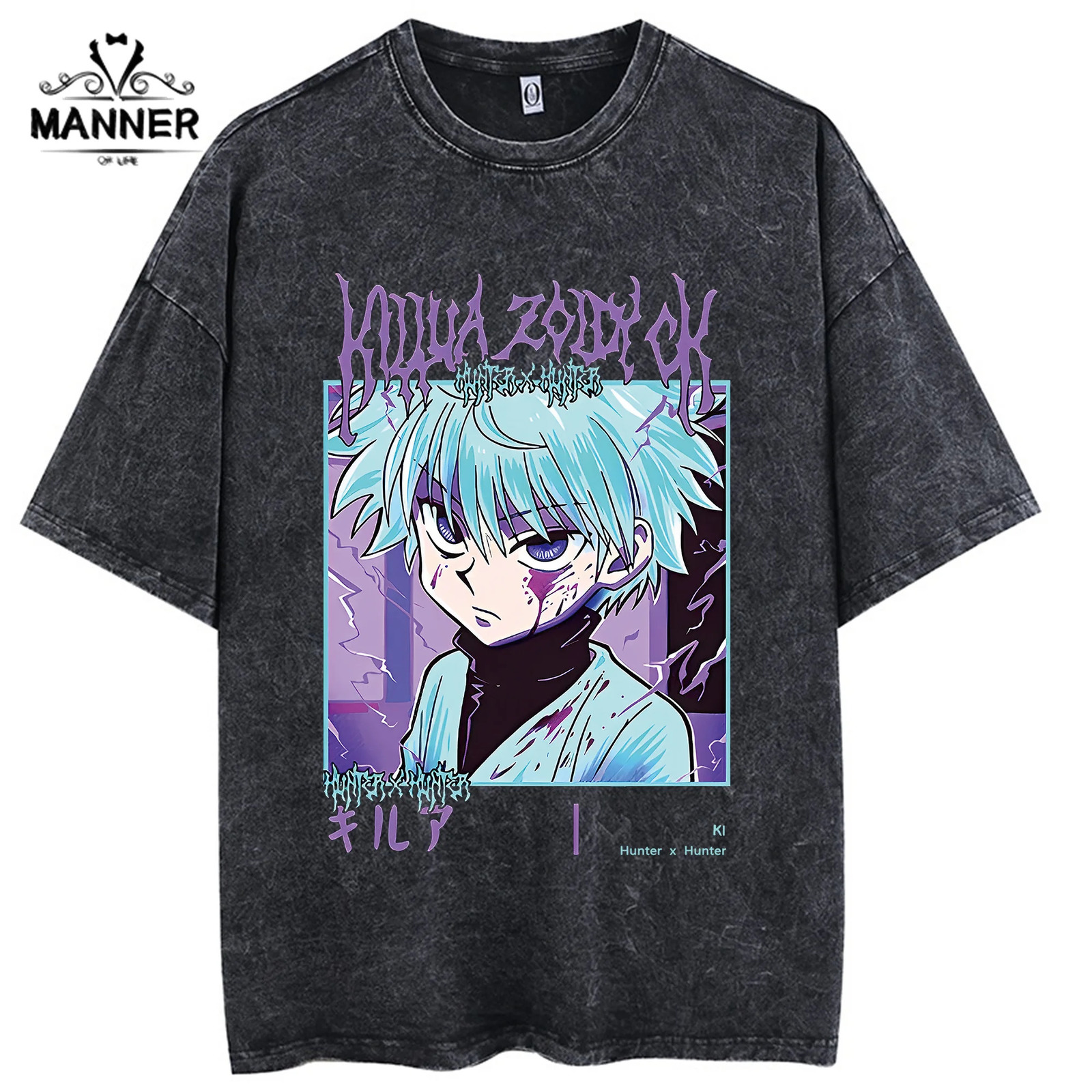 Anime HUNTERxHUNTER Acid Wash T Shirt 100% Cotton Vintage Manga Short Sleeves Tops Oversized Hip Hop Streetwear Fashion Men Tees 240601