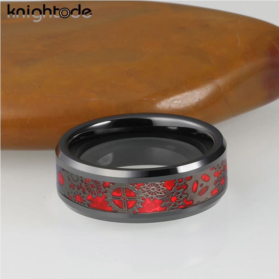 2 Colors Opal 8mm Black Tungsten Carbide Rings Mechanical Gear Wheel Inlay Wedding Band Beveled Edges Polished Comfort Fit 240530