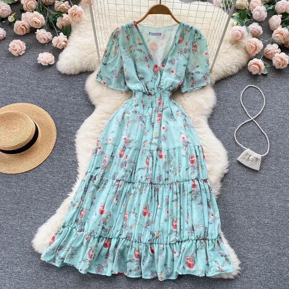 Floral Print Dress Women Summer Sexy Beach Boho Midi Dresses Short Sleeve Ladies Vintage Elegant Party Dress Vacation 240529