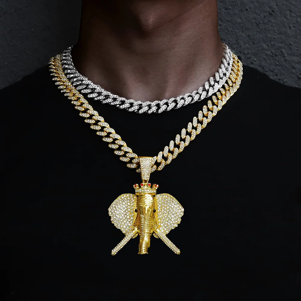 Hip Hop Cubic Zirconia Pave Bling Iced Out Elephant Pendant Animal Necklace Men Women Hip Hop Cool Rap Jewelry Birthday Gift 240531