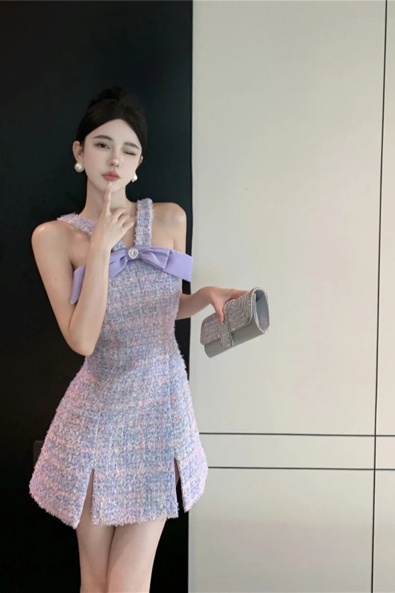 Womens high quality purple bow patched spaghetti strap tweed woolen a-line short dress SML 240529