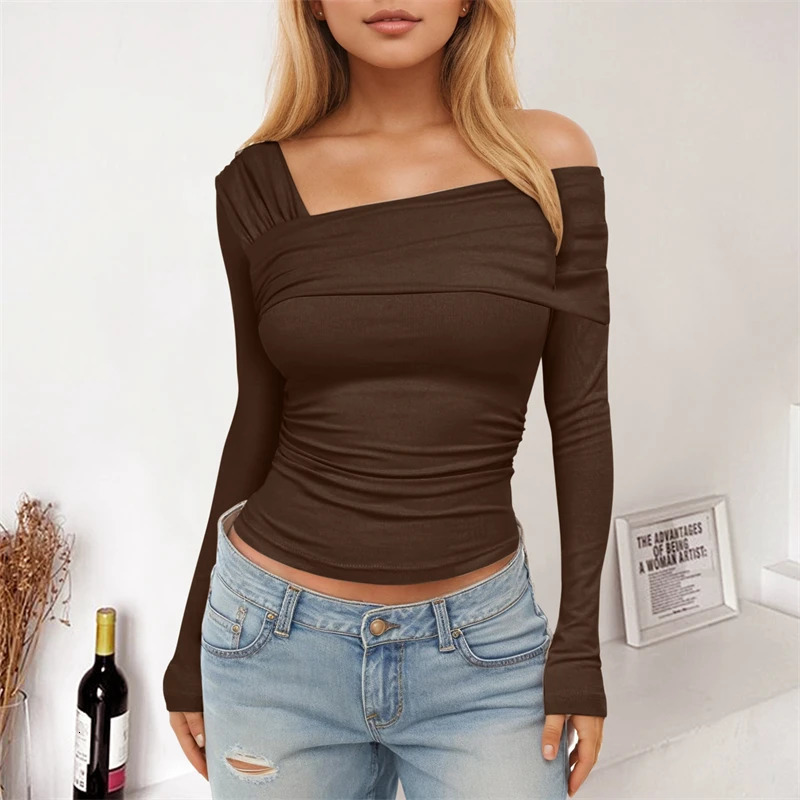 Women Sexy One Off Shoulder Fashion Basic Top Y2K Tight Ruched T-Shirts Slim Fit Long Sleeves Asymmetrical Crop Tops Streetwear 240601
