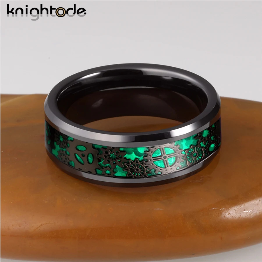 2 Colors Opal 8mm Black Tungsten Carbide Rings Mechanical Gear Wheel Inlay Wedding Band Beveled Edges Polished Comfort Fit 240530