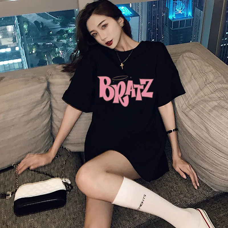 t-shirt women clothing aesthetic Bratz letter t shirt women casual Black tops fashion short sleeve Summer gothic female T-shirt 240510