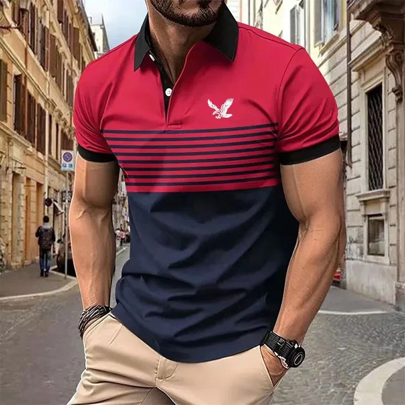 Summer Striped Mens Casual Print Short Sleeve Lapel Polo Shirt For Men Golf Shirt EUROPEAN Measurement 240601