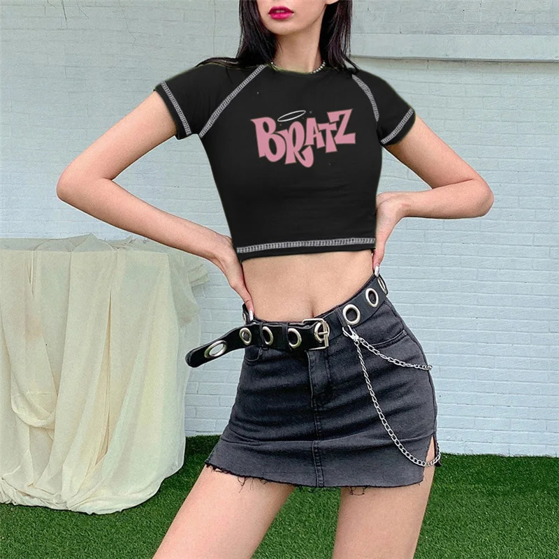 t-shirt women clothing aesthetic Bratz letter t shirt women casual Black tops fashion short sleeve Summer gothic female T-shirt 240510