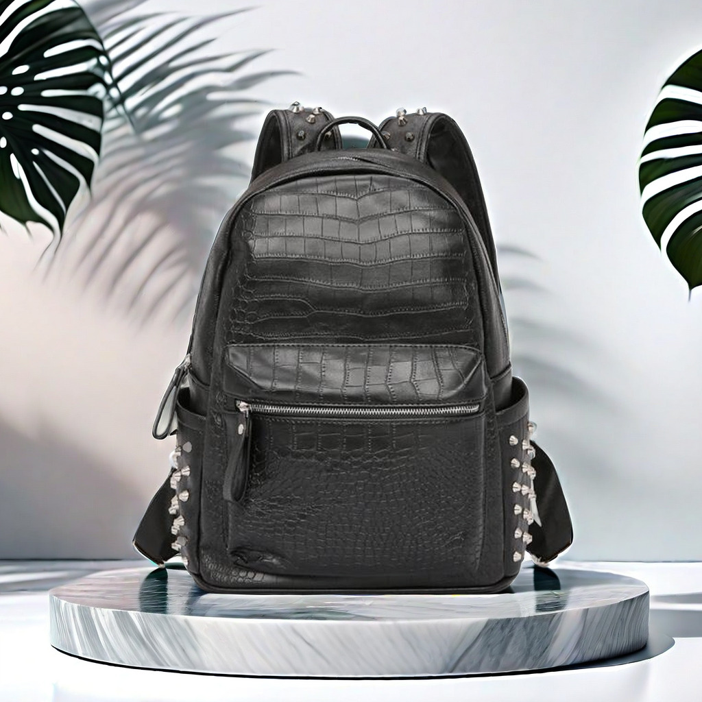 Factory wholesale brand men bag personality rivet punk backpack crocodile pattern fashion student bags street fashions crocodiles patterns rivets backpack 6692