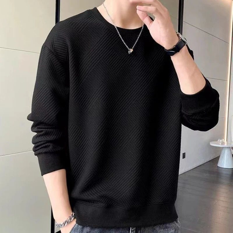 Mens Sweatshirt Solid O Neck Long Sleeve T Shirts Autumn Spring Texture Simple Black White Classic Mens Pullover Hoodie Tops 240530