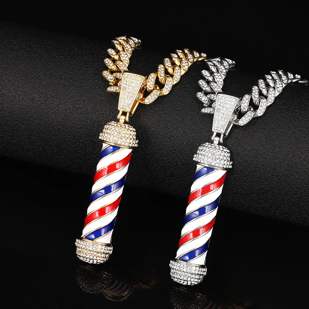 Fashion Barber Shop Pole 3D Barber Pole Chain Pendant Necklace Hip Hop Barber Hairdresser Gothic Necklace Jewelry 240531