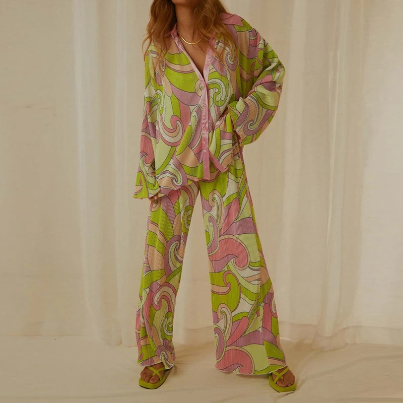 Y2K Graphic Print Long Sleeve Shirt Blouse Wide Leg Pants Chic Women Two Piece Set Vintage Streetwear Boho Holiday Outfits 240601