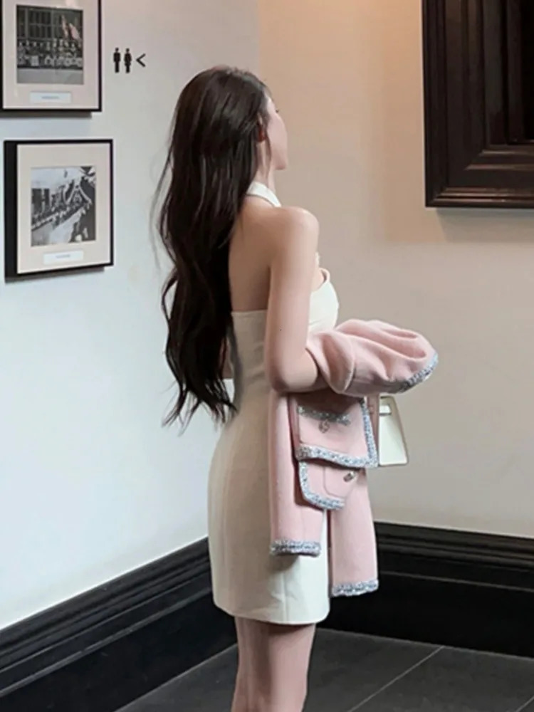 Korean Sweet Small Fragrance Tweed Dresses For Women French Fashion 3D Flower Summer Dress sweet Sexy Tank Party Dress 240529