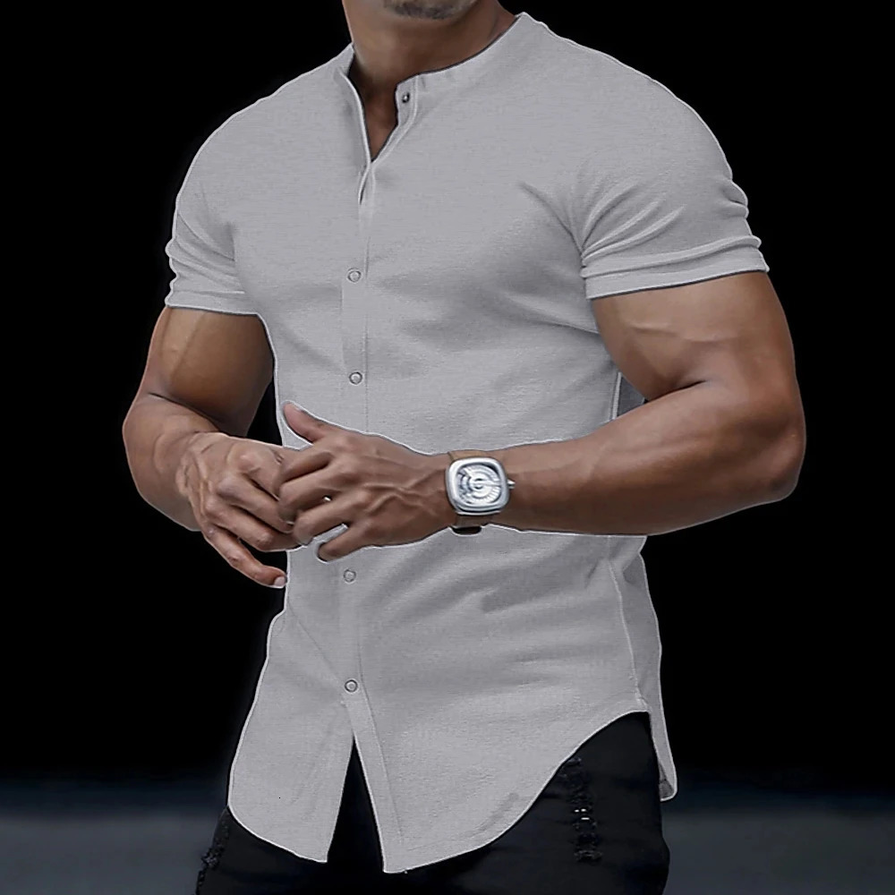 Short Sleeved Mens Shirt Solid Summer Casual Standing Collar Shirt Hawaiian Street Wear Daily Mens Shirt 240529