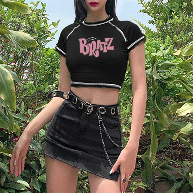 t-shirt women clothing aesthetic Bratz letter t shirt women casual Black tops fashion short sleeve Summer gothic female T-shirt 240510