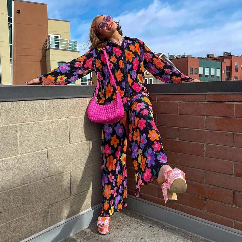 Y2K Graphic Print Long Sleeve Shirt Blouse Wide Leg Pants Chic Women Two Piece Set Vintage Streetwear Boho Holiday Outfits 240601