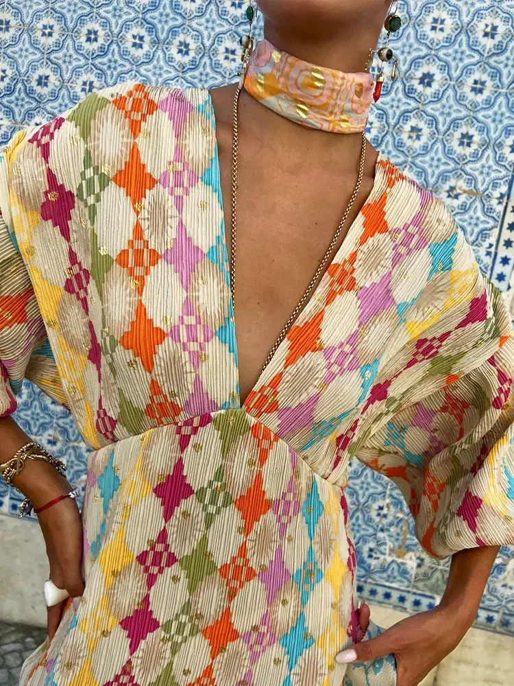 2024 Summer Womens Geometric Pattern Printed Midi Dress Elegant V-neck Lantern Half Sleeve Dress Womens Vacation Dress 240516