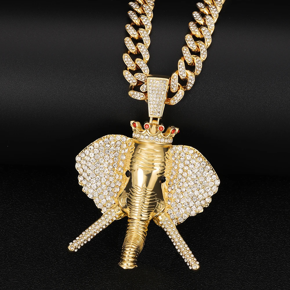 Hip Hop Cubic Zirconia Pave Bling Iced Out Elephant Pendant Animal Necklace Men Women Hip Hop Cool Rap Jewelry Birthday Gift 240531