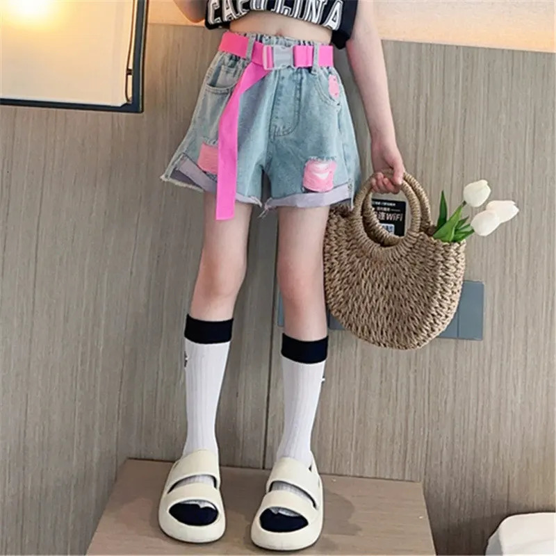 Kids Girls Denim Shorts Fashion Summer High Waist Pink Yellow Color Ripped Shorts with Free Belt 4 5 6 7 8 9 11 12 13 14 pants 240531