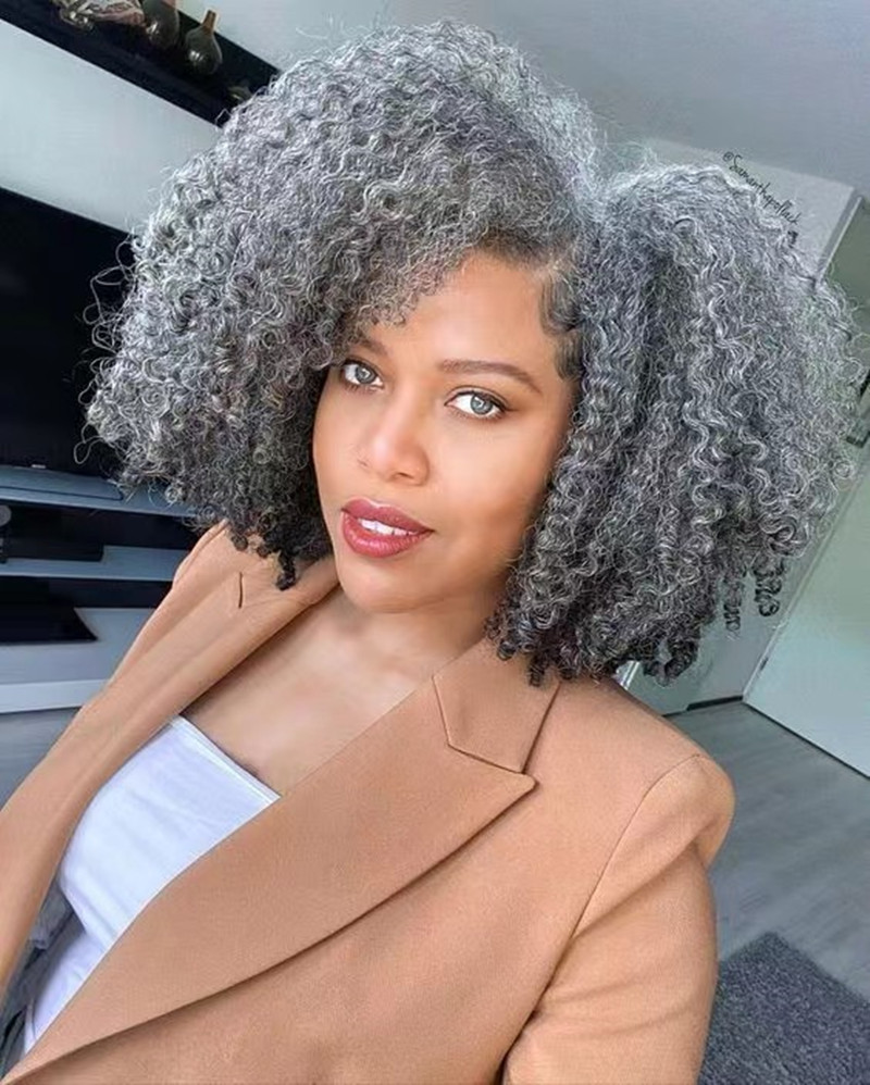 Short gray lace front wigs human hair salt pepper color kinky curly grey wigs brazilian remy glueless wigs weaving cap silver grey natural