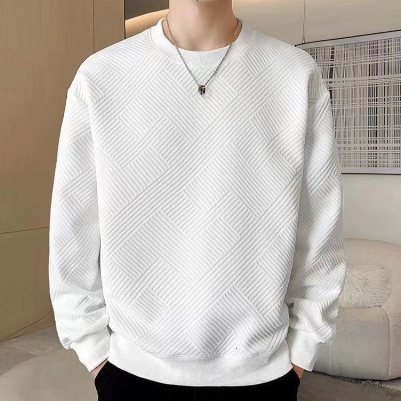 Mens Sweatshirt Solid O Neck Long Sleeve T Shirts Autumn Spring Texture Simple Black White Classic Mens Pullover Hoodie Tops 240530