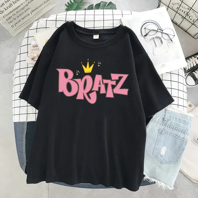 t-shirt women clothing aesthetic Bratz letter t shirt women casual Black tops fashion short sleeve Summer gothic female T-shirt 240510