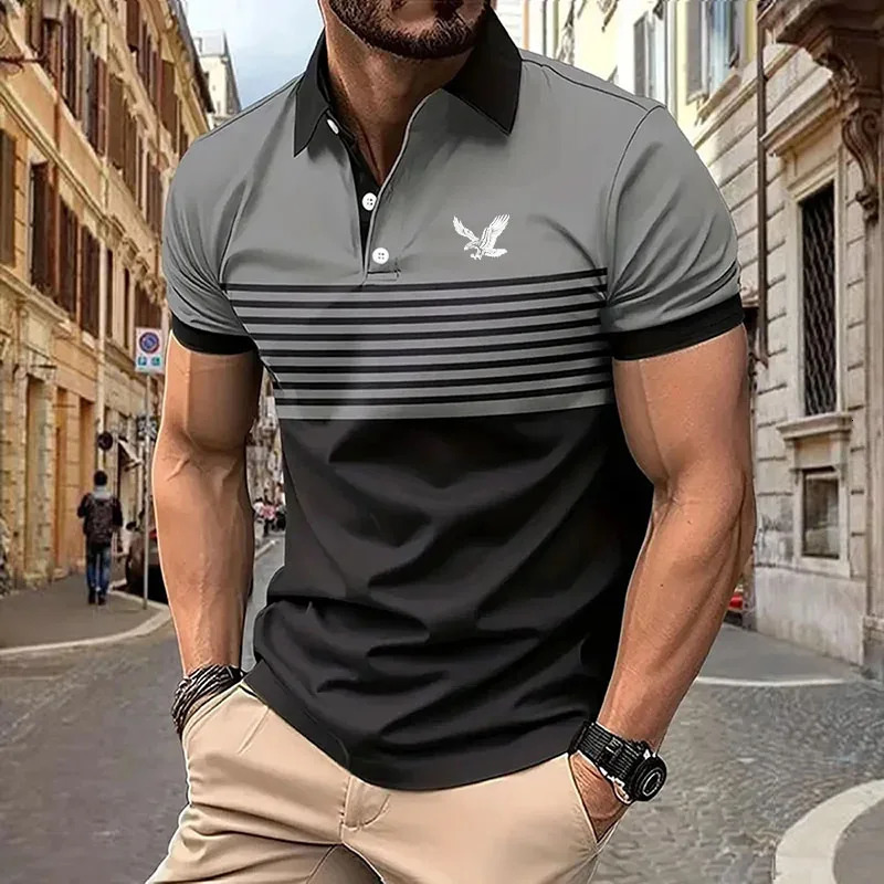 Summer Striped Mens Casual Print Short Sleeve Lapel Polo Shirt For Men Golf Shirt EUROPEAN Measurement 240601