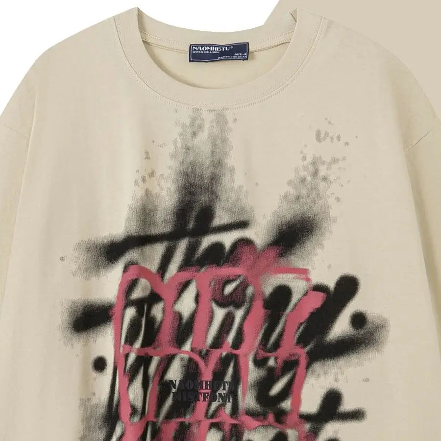 Summer Korean graffiti letter personalized T shirt men American y2k retro street Harajuku cotton half sleeved couple tops 240530