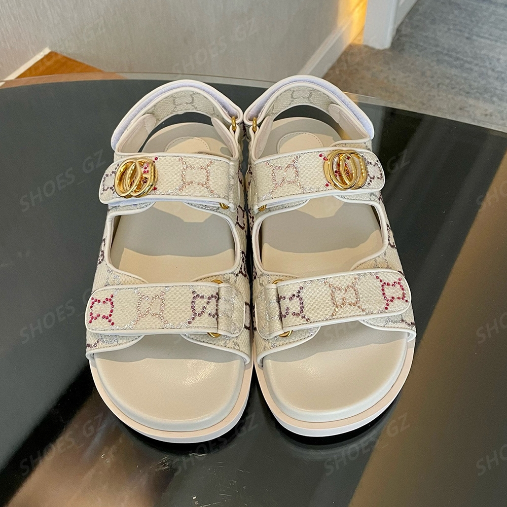Slip on summer slipper Sandal s top quality round toe rhinestone letter flat mules beach casual shoe Genuine Leather Sandal women's Luxury Designers footwears