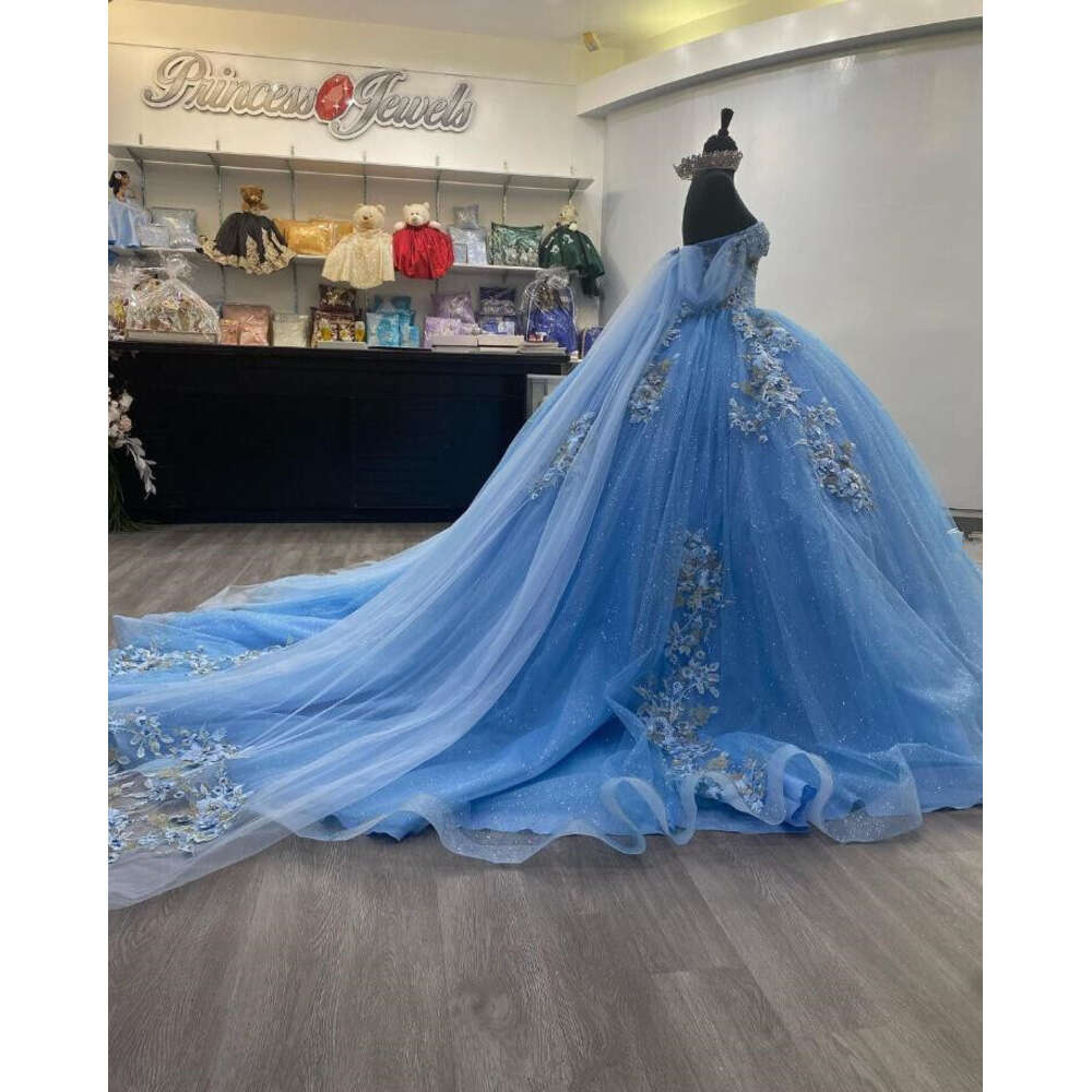 Blue Off Sky Shoulder Quinceanera Dresses Princess 3D Ral Applique Corset Vestidos De 15 Anos Con Mangas Sweet 16 0603