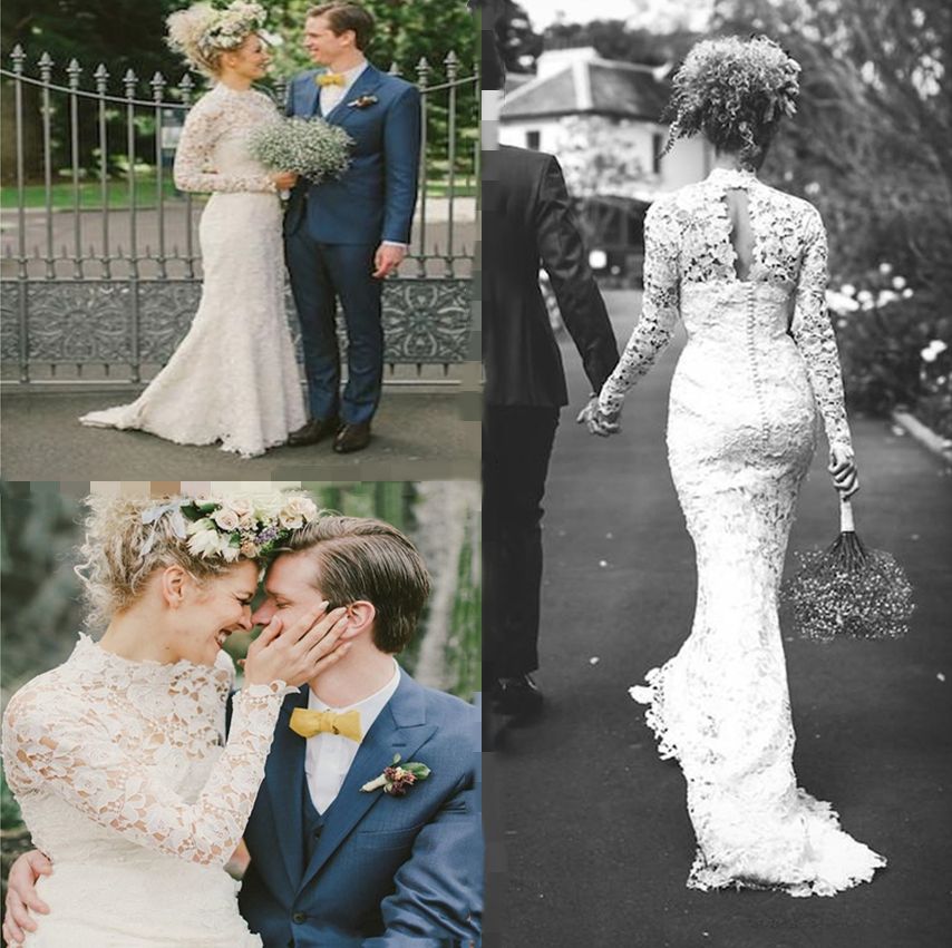 Country Lace Mermaid Wedding Dresses High Neck Long Sleeves Vintage Bridal Gowns Court Train Garden Robe de Mariee Vestido De Novia 2024