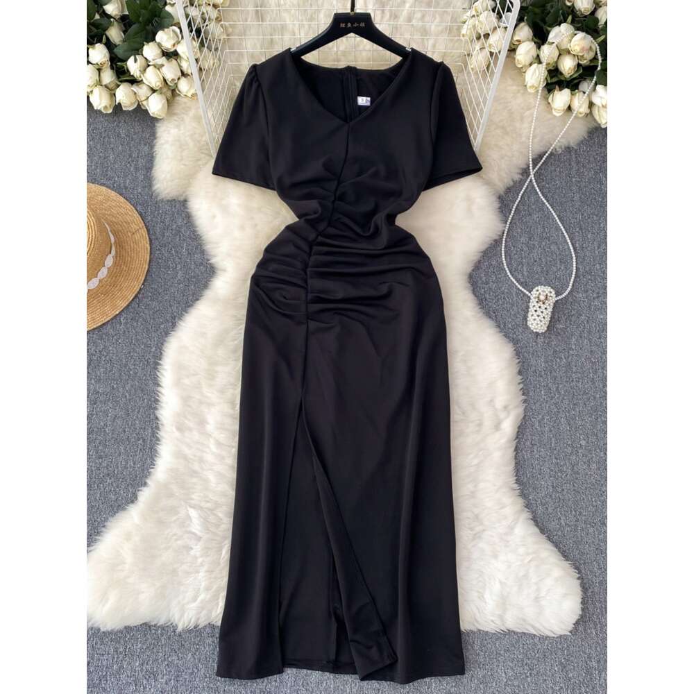 French style high-end short sleeved pleated waistband dress for women to show slimming temperament goddess style buttocks wrapped spicy girl skirt