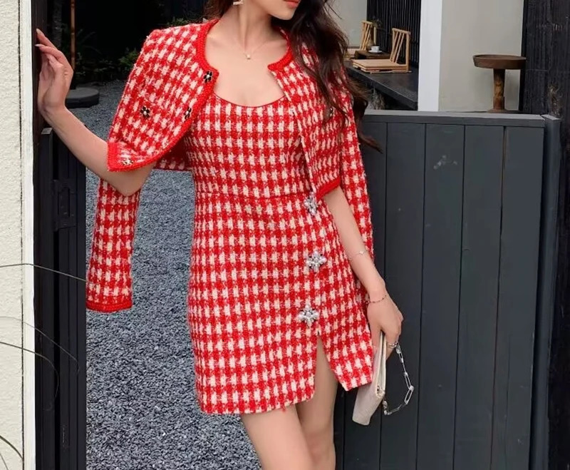 Arrive Red And White Plaid Tweed Women Mini Dress Sleeveless Slit Hem Lady Tank Dress 240529