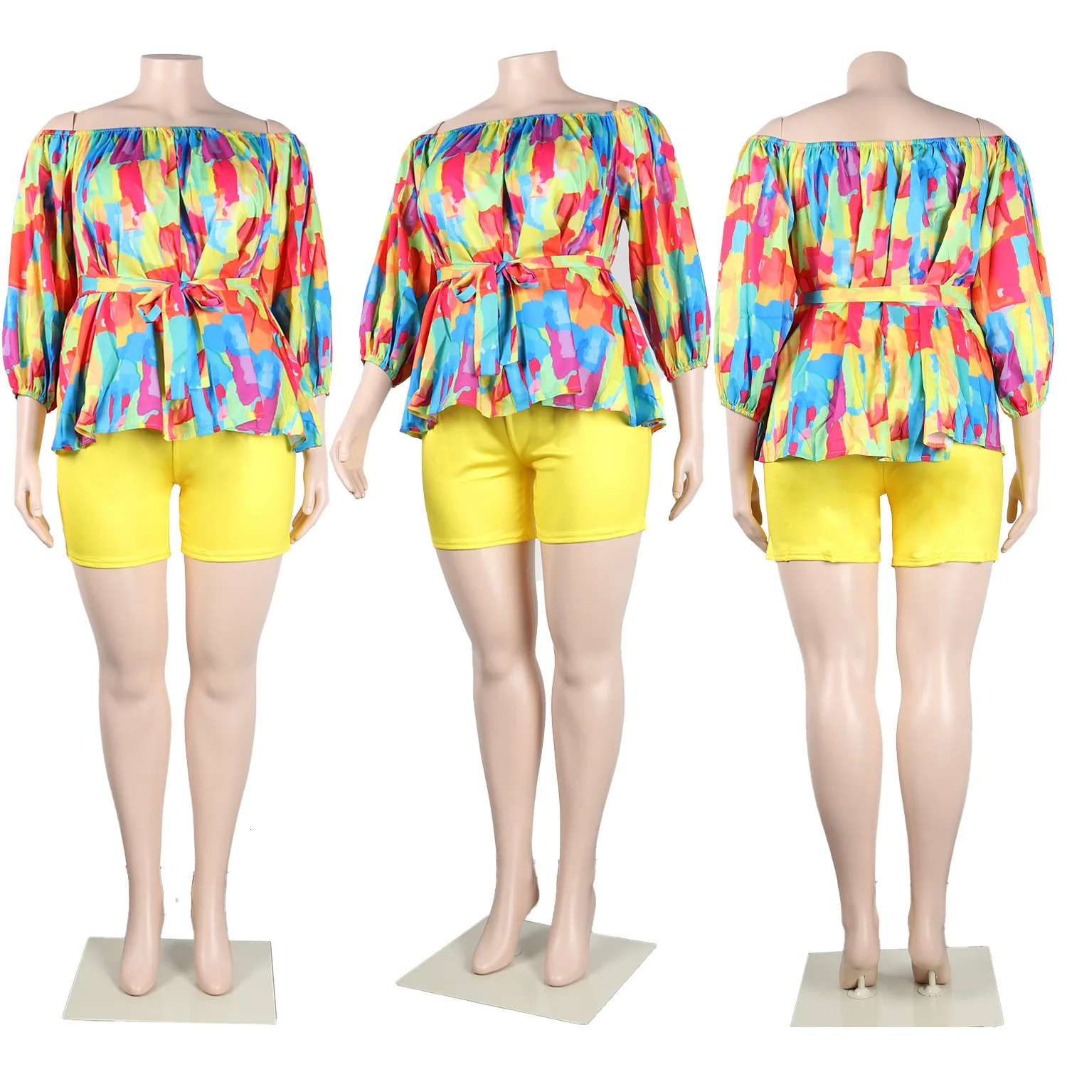 Szkzk Sexy printing two piece set Women off the shoulder lacing belt top and shorts Nightclub Party Costume yellow blue Sets 240530