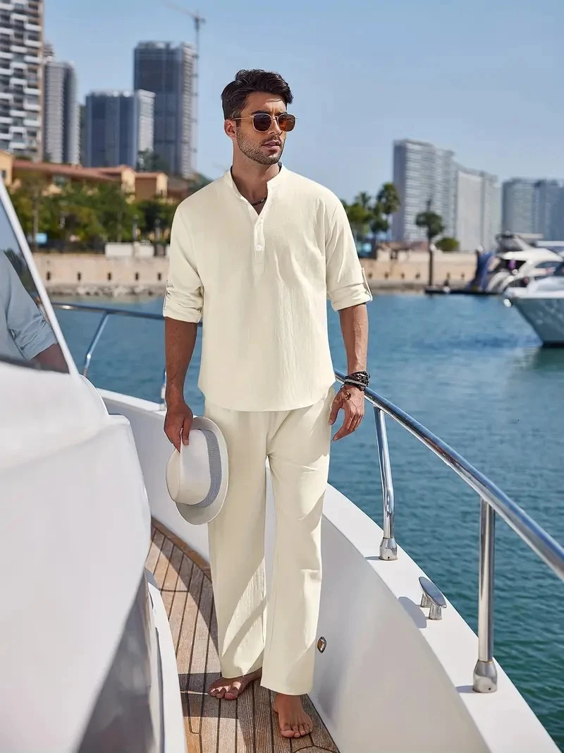 Cotton linen blend retro elegant mens two-piece casual V-neck Henry long sleeved shirt drawstring pants autumn set 240601