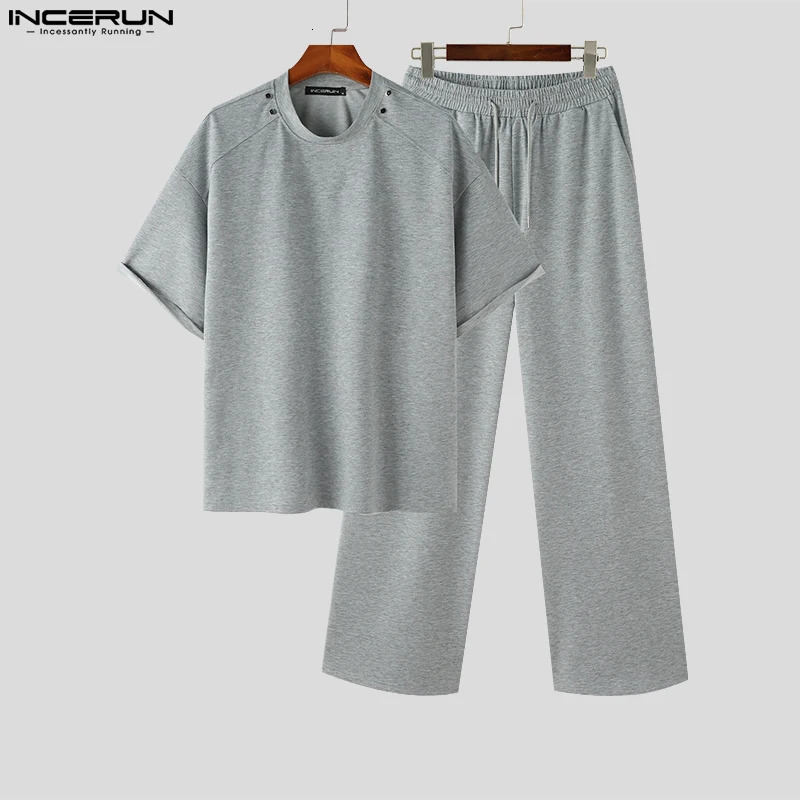 INCERUN Korean Style Mens Sets Small Neckline Loose Short Sleeved Tops Straight Pants Casual Solid Suit 2 Pieces S-5XL 240530