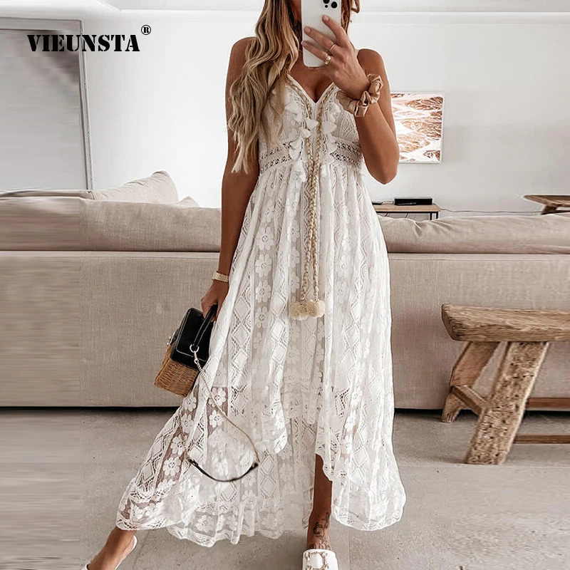 Off Shoulder Lace Patchwork Elegant Dress Women Summer V Neck Spaghetti Strap Dress Female Fashion Solid Party Dresses 240529