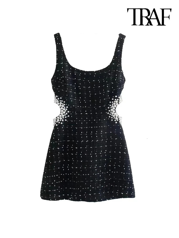 TRAF-Womens Faux Pearl Beading Tweed Mini DressBack Zipper Hollow Out Female Dresses Sexy Fashion 240529